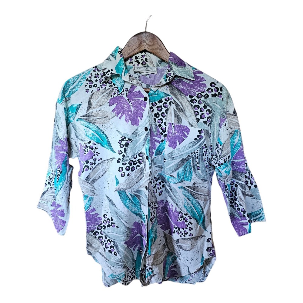 Vintage‎ 1980s Placements Blouse Womens Small Floral and Leopard Print Cotton